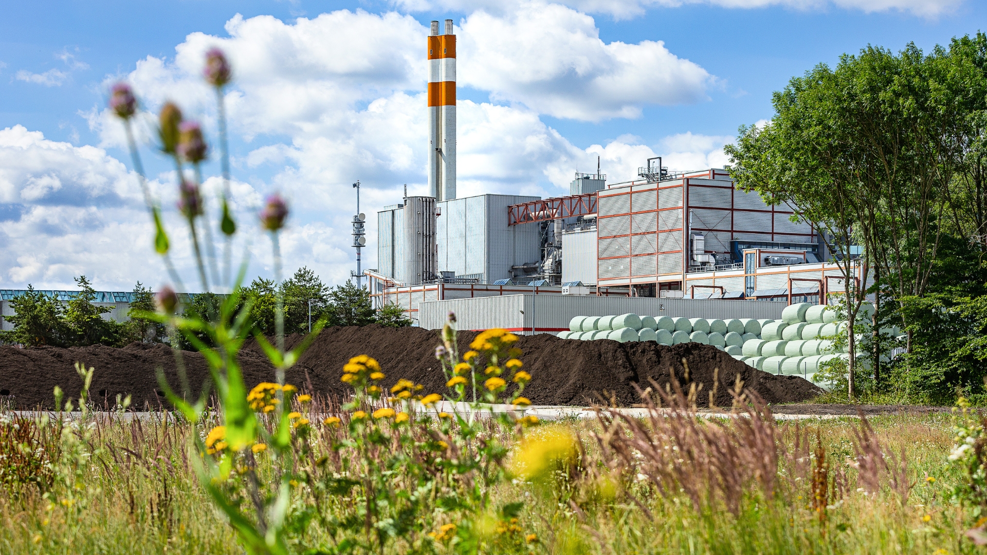 Blick auf den Schornstein der Anlage in Augsburg, mit Wiesenfläche im Vordergrund